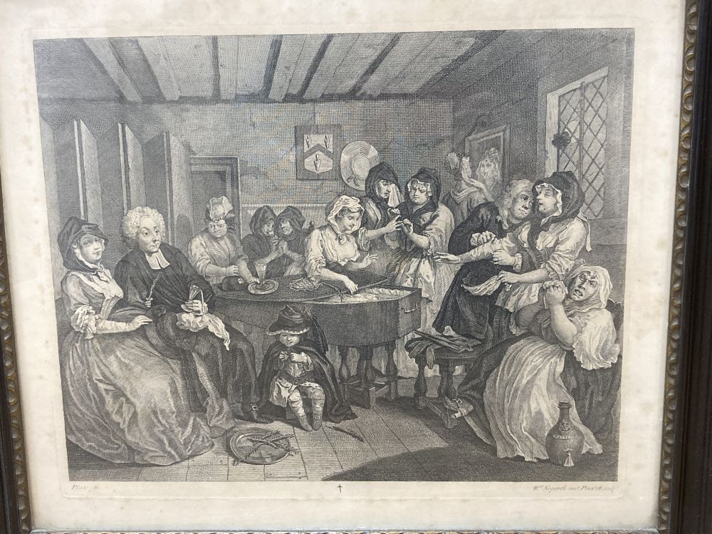 After William Hogarth, set of six engravings, The Harlots Progress, overall 37 x 44cm